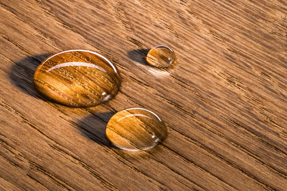 Wassertropfen perlen auf imprägniertem Holz ab