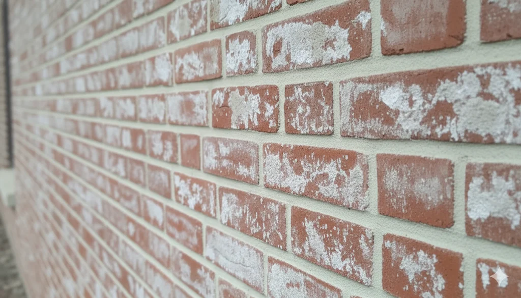 Salzausblühungen auf Klinkerfassade, weiße Flecken