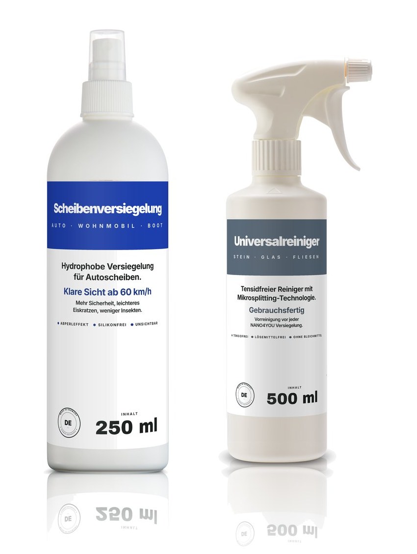 NANO4YOU Scheibenversiegelung-Set M: Scheibenversiegelung 250 ml mit Sprühkopf und Universalreiniger 500 ml