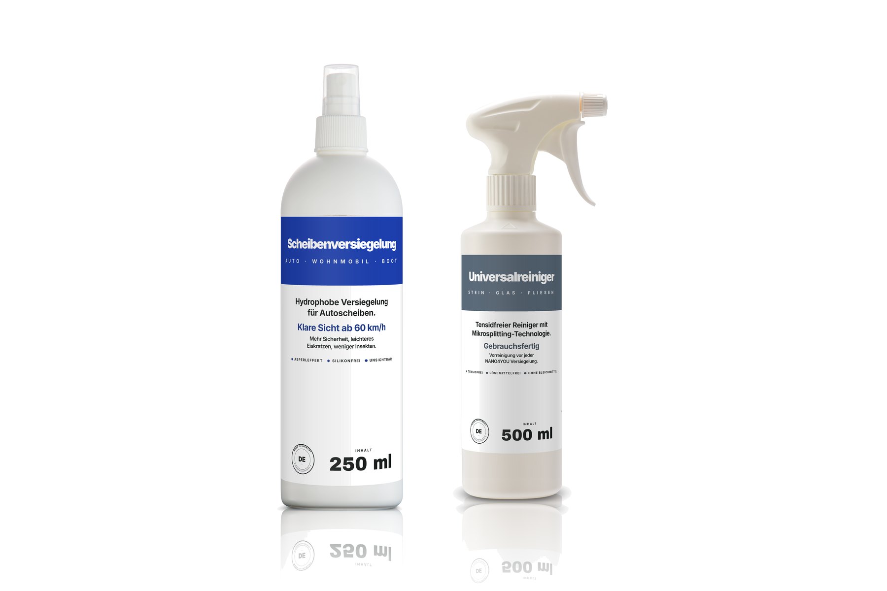 NANO4YOU Scheibenversiegelung-Set M: Scheibenversiegelung 250 ml mit Sprühkopf und Universalreiniger 500 ml