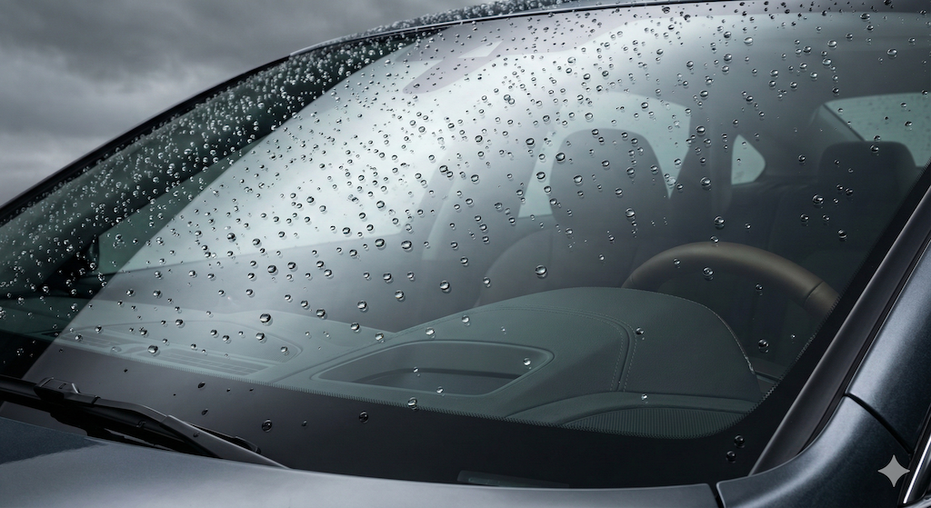 Scheibenversiegelung Auto – Wasserabperleffekt auf Windschutzscheibe bei Regen